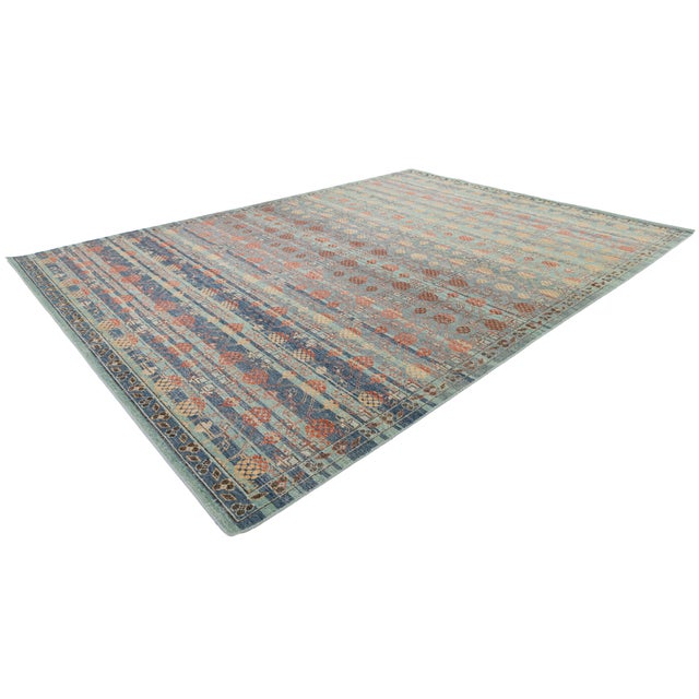 Modern 10x14 Modern Khotan Style Hand-Knotted Wool Area Rug – Teal, Rust & Ochre For Sale - Image 3 of 8