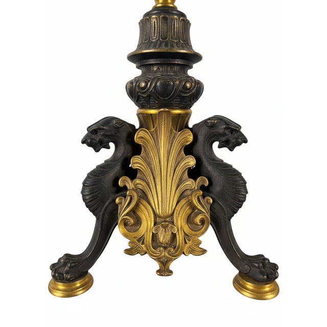 Pair of French Neo-Grec Gilt and Patinated Bronze Five-Light Candelabra, Cast by the Auguste-Maximilien Delafontaine Foundry, Paris, Circa 1870–1885. For Sale - Image 4 of 8