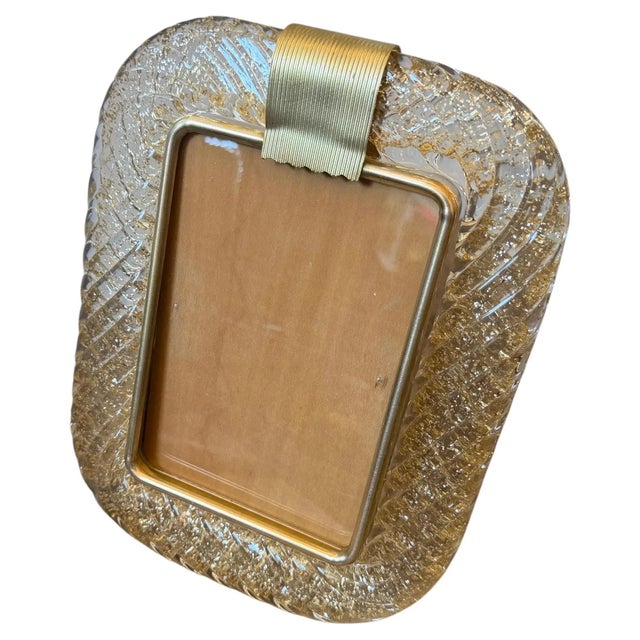 1990s Barovier Style Art Deco Brass and Gold Murano Glass Picture Frame For Sale - Image 10 of 11