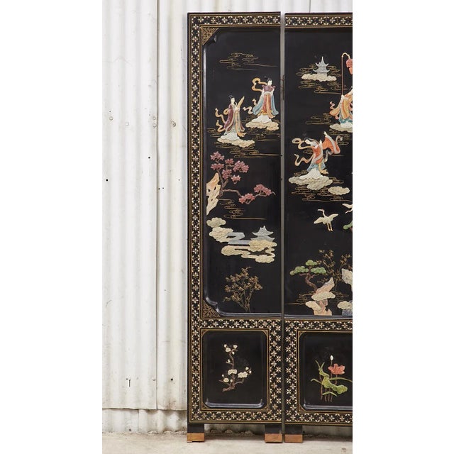 Chinese Chinese Export Four Panel Carved Soapstone Coromandel Screen For Sale - Image 3 of 13