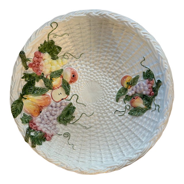 Late 20th Century 17” Majolica Basketweave Bowl With Handpainted Fruit Made in Italy For Sale
