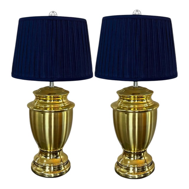 Late 20th Century Extra Large Brass Urn Lamps With Navy Pleated Shades - a Pair For Sale