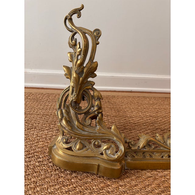 Early 20th Century Antique Early Twentieth Century Louis XV Ornate Rococo Style Heavy Brass Small Scale Five Piece Andirons, Fender and Chenets With Flame Finials For Sale - Image 5 of 9