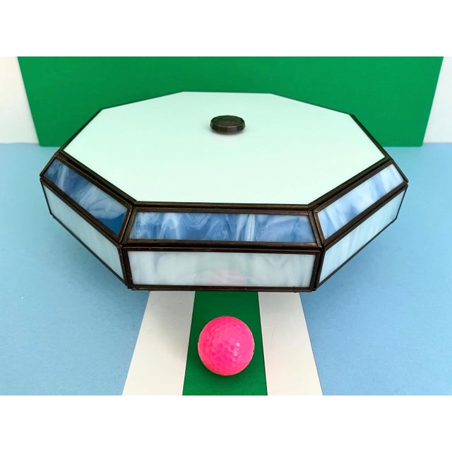 Blue Mid Century Blue & White Tiffany Style Flush Light For Sale - Image 8 of 18