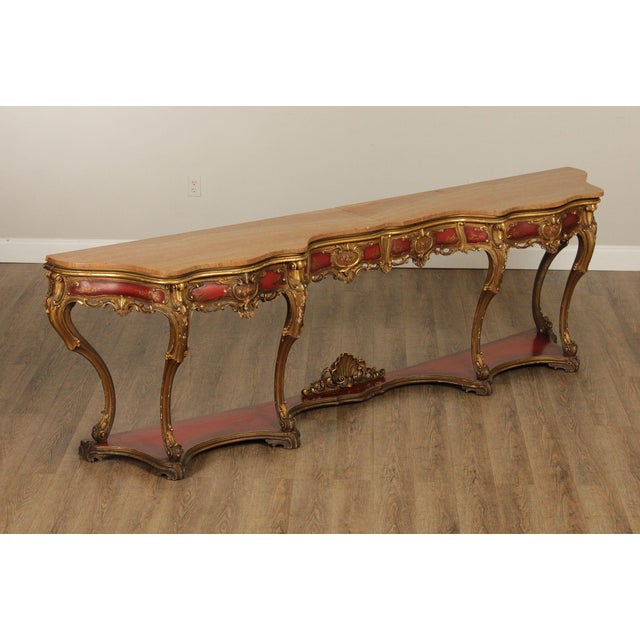 High Quality Antique Early 20th Century Shell-Carved and Partial Gilt Marble Top Console or Hall Table with Hand Painted...