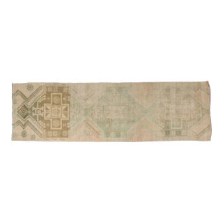 Vintage Geometric Tribal Runner Rug - Muted Sage & Sand For Sale