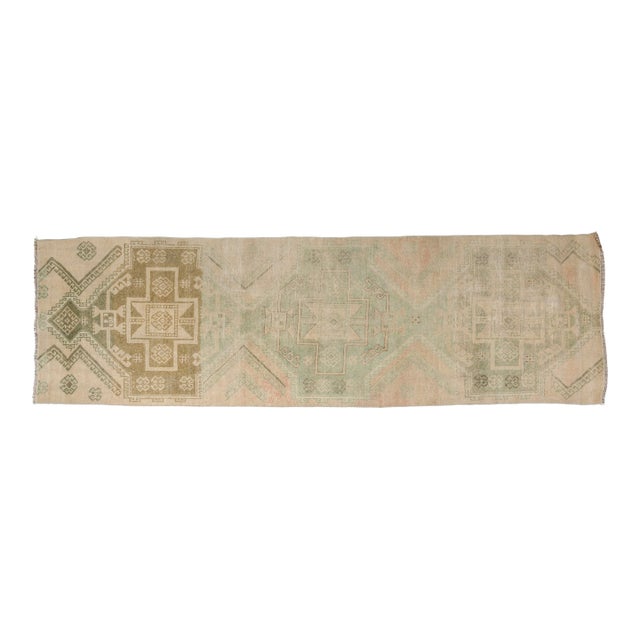 Vintage Geometric Tribal Runner Rug - Muted Sage & Sand For Sale