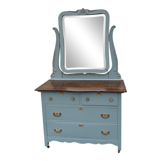 Antique Blue Oak Dresser With Beveled Pivot Mirror Chairish