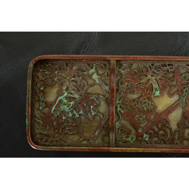 Metal Tiffany Studios New York Grapevine Pattern Bronze and Favrile Slag Glass Pen Tray For Sale - Image 7 of 12