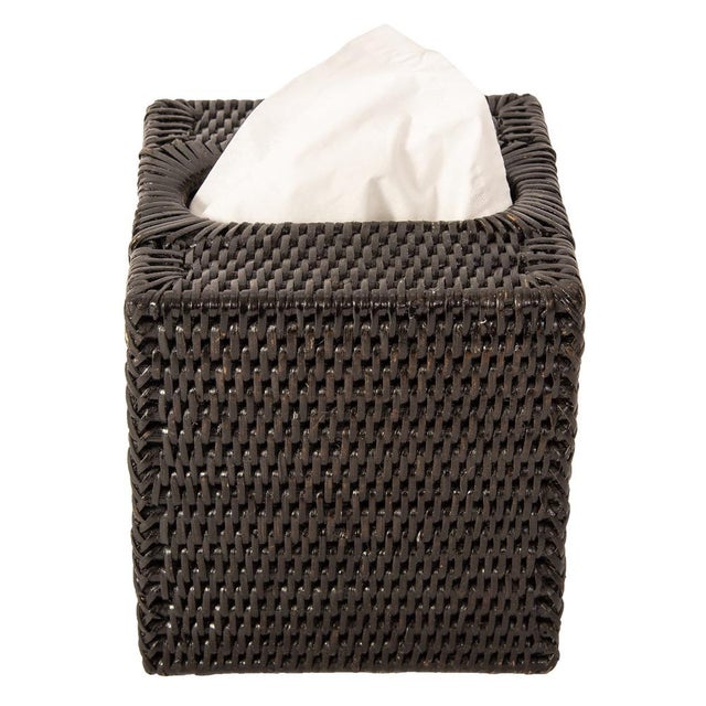 Boho Chic Artifacts Rattan Column Tissue Box Cover in Tudor Black For Sale - Image 3 of 7