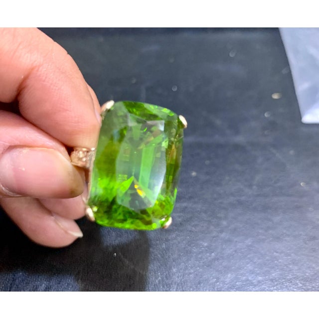 Green GIA Certified 34.06 Carat Cushion Peridot 14 Karat Yellow Gold Ring Estate For Sale - Image 8 of 18