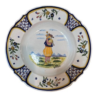 Quimper Serving Bowl With Breton Man Playing Bagpipes Croisille & Floral Border, 1920 For Sale