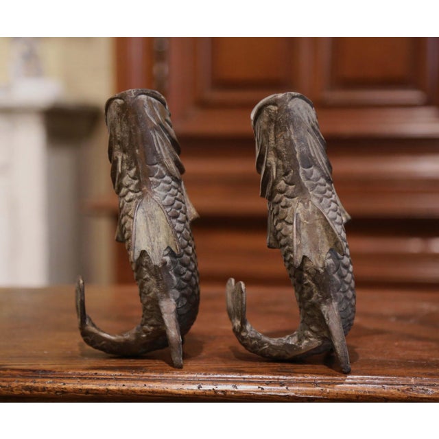 Verdigris Pair of 19th Century French Carved Verdigris Patinated Bronze Fish-Form Vases For Sale - Image 8 of 10