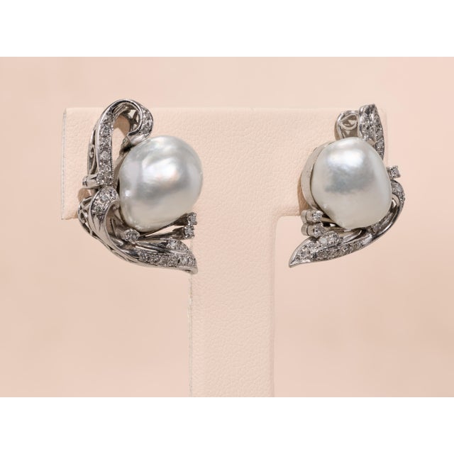 The Ellendale: Vintage Palladium Earrings Set With Pearl & Diamonds, 2 Pieces For Sale - Image 4 of 8