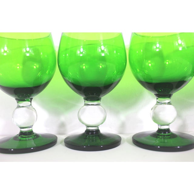 Glass 1960s Handblown Set of 4 Small Green Glass Goblets Clear Ball Stem For Sale - Image 7 of 10