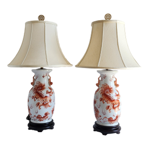 Vintage Mid 20th Century Foo Dog Motif Chinese Porcelain Table Lamps-a Pair