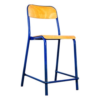 French Blue Stacking D Back High Bar Chair from Mullca, 1970s, Set of 6 For Sale