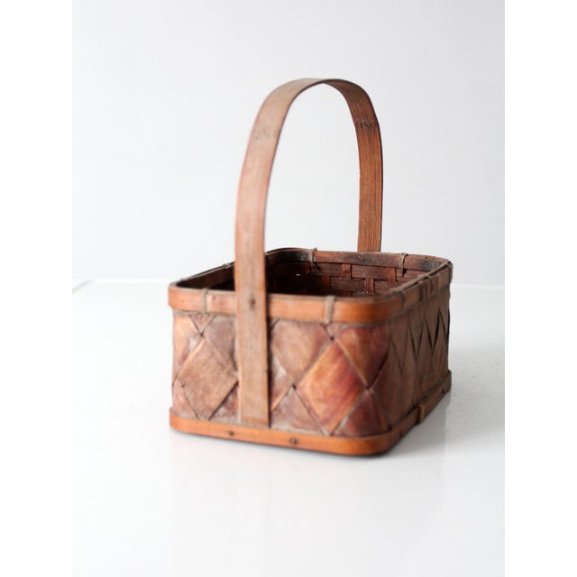 Wood Vintage Woven Splint Basket With Bentwood Handle For Sale - Image 7 of 12