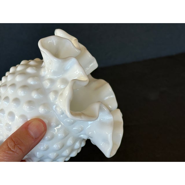 Fenton Style Hobnail Milk Glass Ruffled Rim Vase For Sale - Image 10 of 10