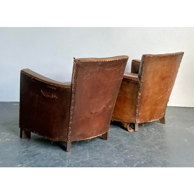 Brown Vintage Deco Distressed Leather Lounge Chairs - A Pair For Sale - Image 8 of 13