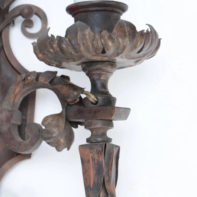 Metal Pair of Antique Wrought Iron Floral Sconces. Circa 1920 For Sale - Image 7 of 10