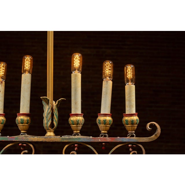 Bronze Early 20th Century Mediterranean Revival Wrought Iron and Tole Chandelier 2 For Sale - Image 8 of 10