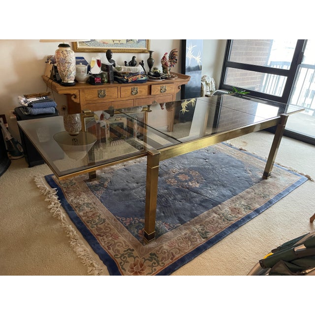 1980s Brass and Glass Dining Table With Integrated Extension Leaf For Sale - Image 4 of 12
