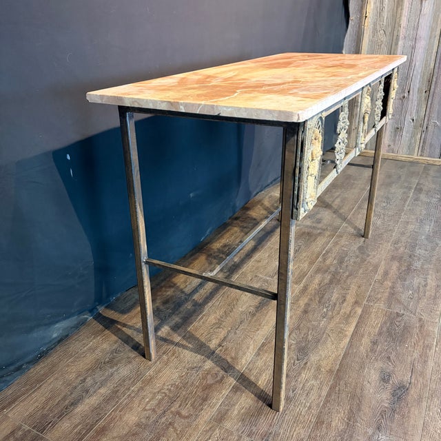 Gold Antique French Balcony Console Table With Marble Top & Gold Figural Wrought Iron For Sale - Image 8 of 10