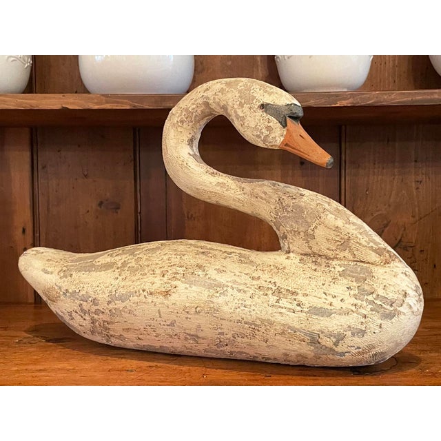 Folk Art Vintage Weathered Folk Art Hand Carved Decoy Swan For Sale - Image 3 of 6