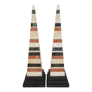 1900s Large Pair of Italian Grand Tour Neoclassical Marble Specimen Obelisks For Sale
