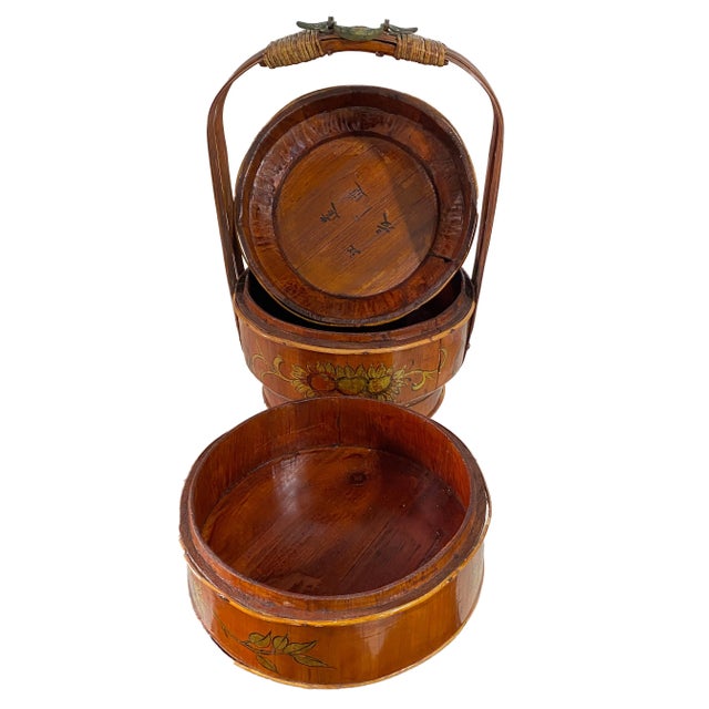 1900 - 1909 Antique Chinese Round Wedding Basket Two Tier 18” Tall For Sale - Image 5 of 8