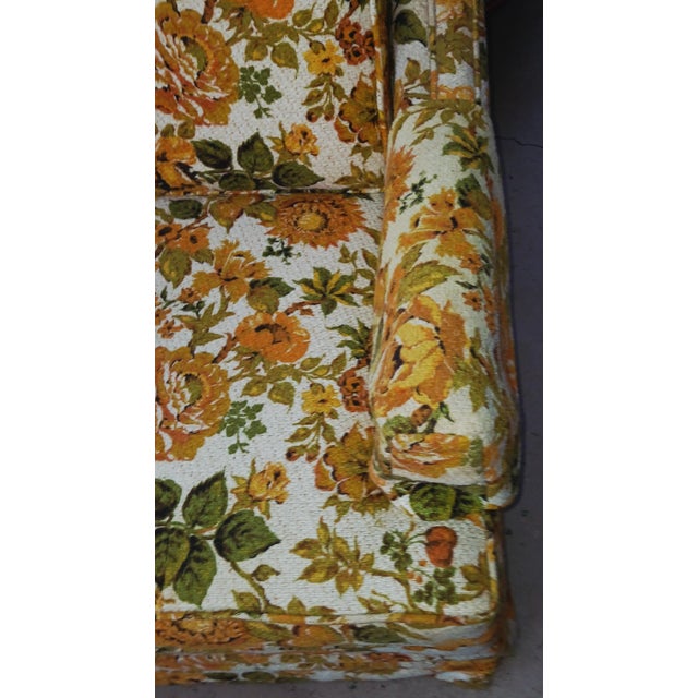 1970s Vintage 1970s Orange / Yellow Floral Textured Skirted Sofa Couch For Sale - Image 5 of 11