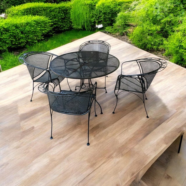 Metal Restored Wrought Iron Russell Woodard Style Indoor/Outdoor Table With 4 Barrel Chairs For Sale - Image 7 of 11