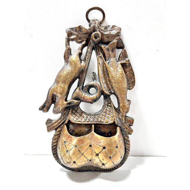 Victorian Antique Fireplace Brass Match Safe & Wall Match Holder - Rabbit and Bird Motif - Victorian Match Striker For Sale - Image 3 of 8