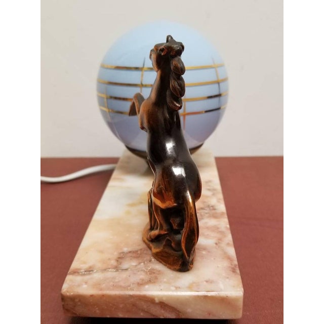 French Art Deco Horse Table Lamp with Blue Glass Globe and Veined Marble Base, 1920s For Sale - Image 4 of 10