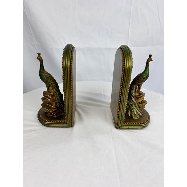 Hollywood Regency Green & Brass-Toned Peacock Bookends - A Pair For Sale - Image 4 of 11