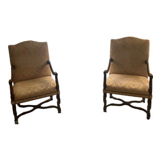 Pair of Sherrill Carved Wood Damask Armchairs With Nailhead Trim Pair of Sherrill Carved Wood Damask Armchairs With Nailhead Trim For Sale