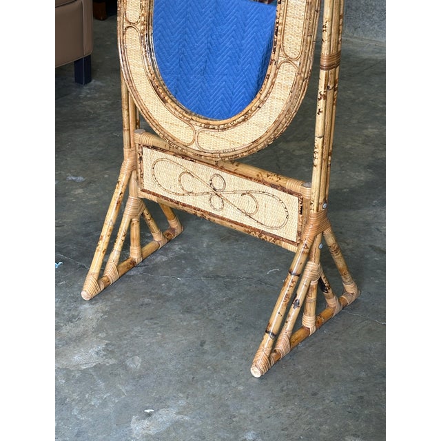 1980s British Colonial Style Bamboo, Cane, and Rattan Cheval Floor Mirror For Sale - Image 10 of 12