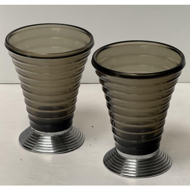 Art Deco Vases of Ribbed Smoked Glass and Chrome - From France (Two Available) For Sale - Image 4 of 15