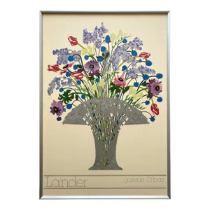 John Lander Vintage 1980's Contemporary Lithograph Print " Bouquet Basket " Framed Large Gallery Poster