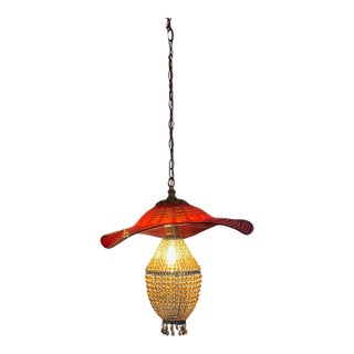 Red Murano Swirl Art Glass Shade and Amber Beads Pendant Lamp For Sale