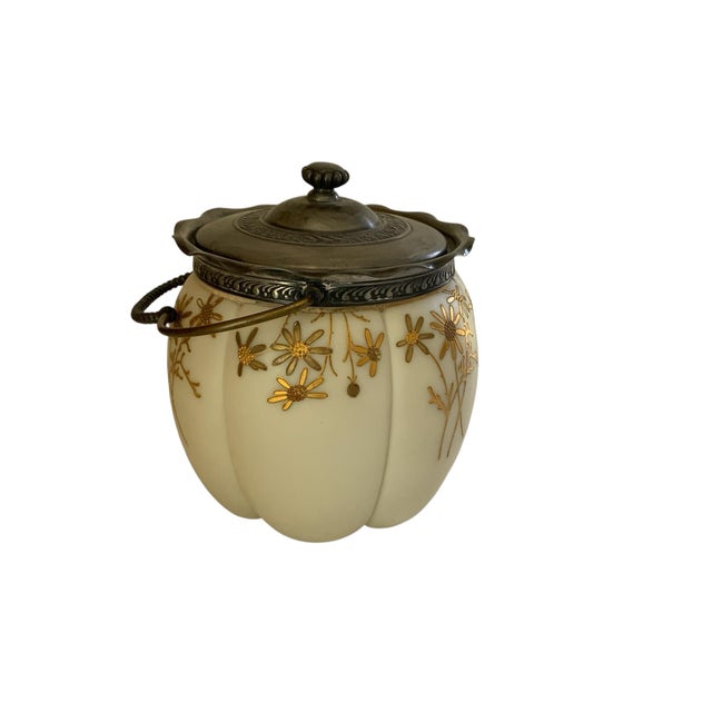 Art Nouveau Antique Mt Washington Smith Brothers Unmarked Crown Milano Glass Biscuit Jar 4402 Maiden Gold C. 1890s For Sale - Image 3 of 7