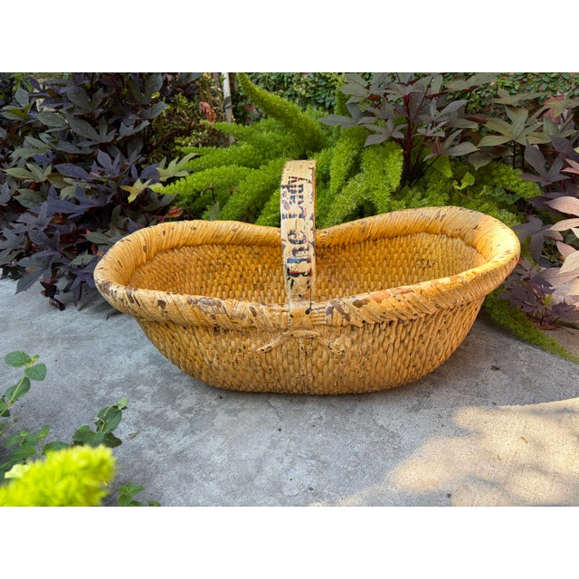 Wood Vintage Mustard Painted “The Lady Jane Grey” Large Harvesting Basket - Folk Art For Sale - Image 7 of 10