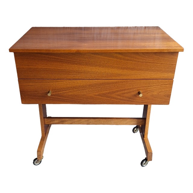 Vintage German Sewing Table on Wheels in Walnut, 1960s For Sale
