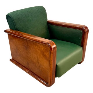 Large Vintage Art Deco Italian Club Chair in Burl Walnut and Green Fabric, 1930s For Sale