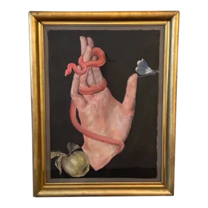 Contemporary Drawing of a Hand With Snake Dragonfly and Apple