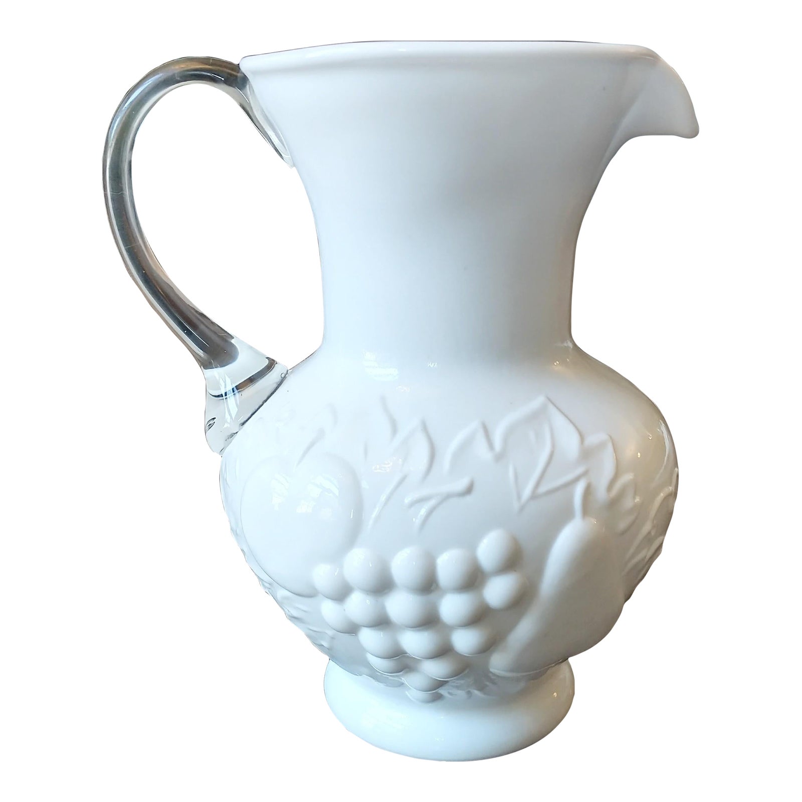 Vintage Della Robbia Embossed Fruit Milk Glass Pitcher with Clear