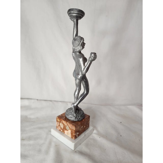 1990s Art Deco Style "Eve With Apple" Statuette Ring Caddy With Marble Two Tier Base For Sale - Image 4 of 5