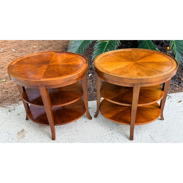 Traditional Vintage Walnut Two-Tiered End Tables, Side Tables With Starburst Veneer Top - Pair For Sale - Image 3 of 12