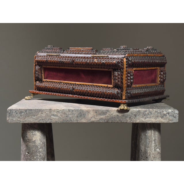 1920s Antique Tramp Art Box With Red Velvet Inset Panels and Lion Paw Feet For Sale - Image 5 of 8